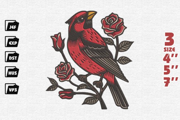 Cardinal Bird with Rose Embroidery