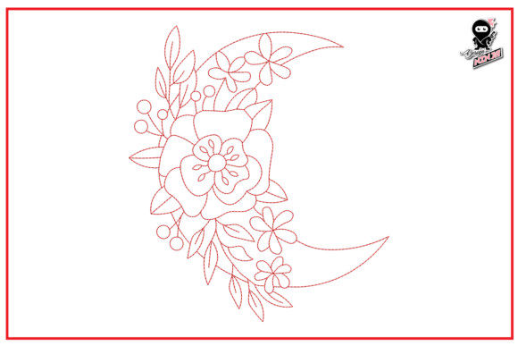 Floral Moon Redwork Embroidery