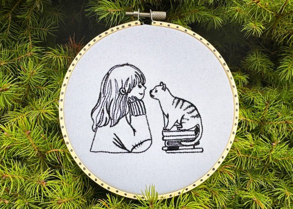 Girl with Cat Machine Embroidery Design