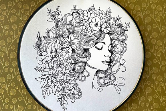 Lady Face in Flowers Machine Embroidery