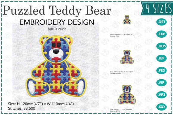 Puzzled Teddy Bear Embroidery Design