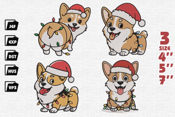 Set of 4 Cute Corgi Embroidery